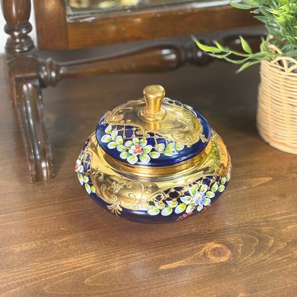 Vintage Cobalt Blue Glass Vanity Jar with Lid Gold Enamel Floral Bohemian Jar - Picture 1 of 14
